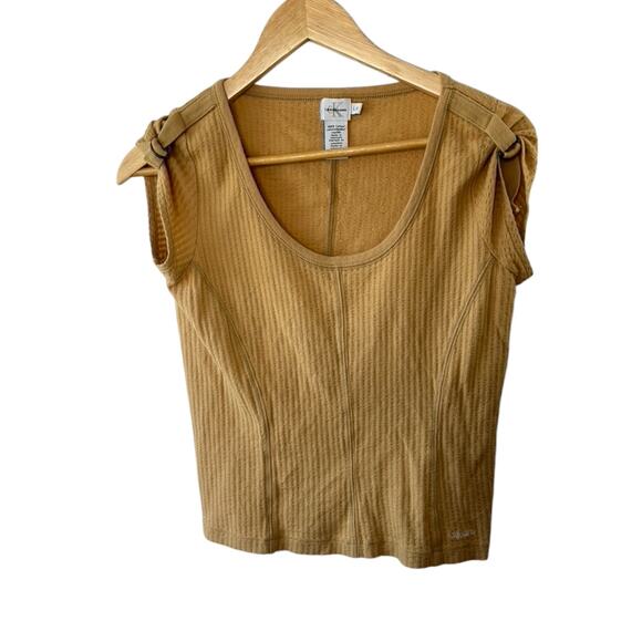 Calvin Klein Y2K Tan Cap Sleeve Ribbed Scoop Neck Top Sz Large Buckle Sleeves - Picture 2 of 10
